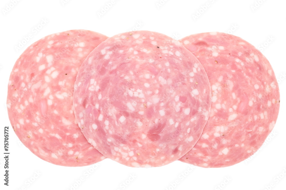 Fresh sliced sausage ham isolated on white background Fresh sliced sausage ham isolated on white background
