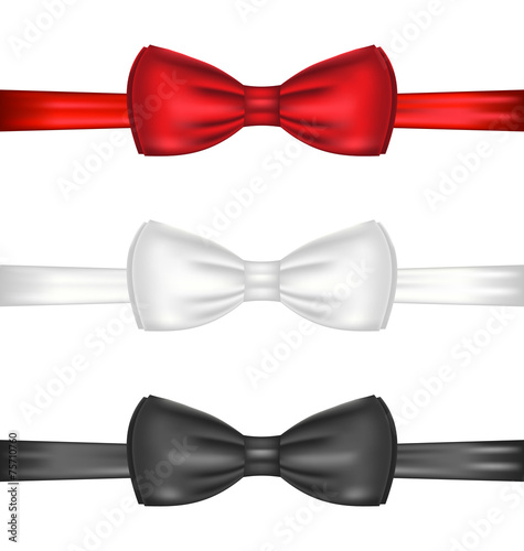 Set realistic red, white and black bow ties, isolated on white b