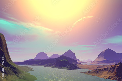 3D rendered fantasy alien planet. Sunset of a sun