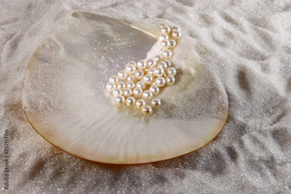 Muschel und Perlen im kristall Sand, Perlmutt Schale Stock Photo | Adobe  Stock