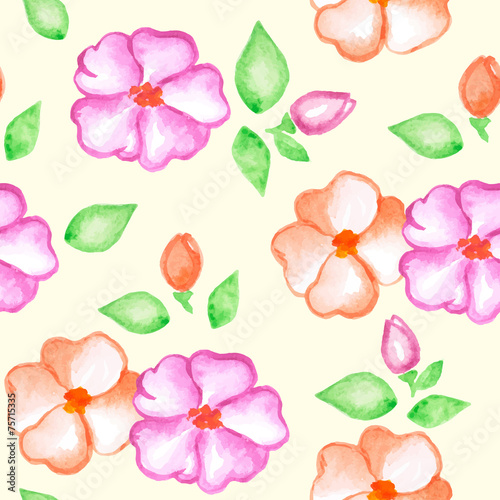 Pattern with pink and orange watercolor flowers