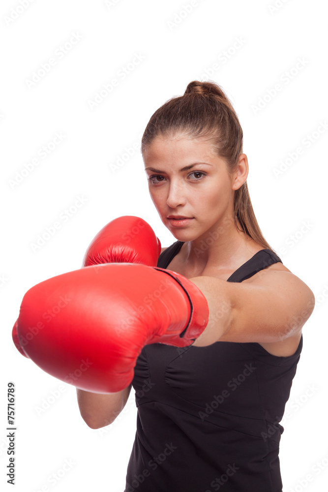 sport young woman with red gloves going to fighting sport young woman with red gloves going to fighting