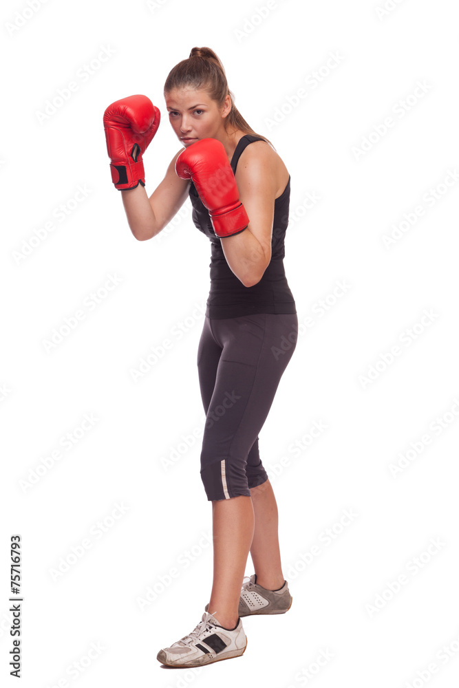 sport young woman with red gloves going to fighting sport young woman with red gloves going to fighting