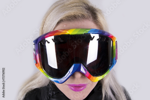 Blonde pretty Woman with ski goggles (winter, sport) photo