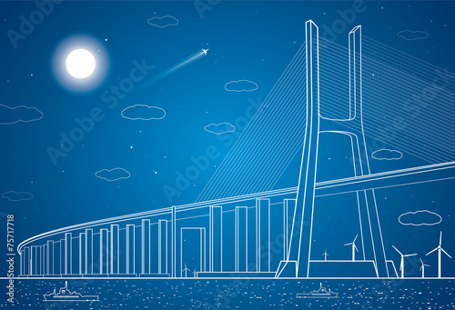 Bridge over the river, wind turbines, vector panorama