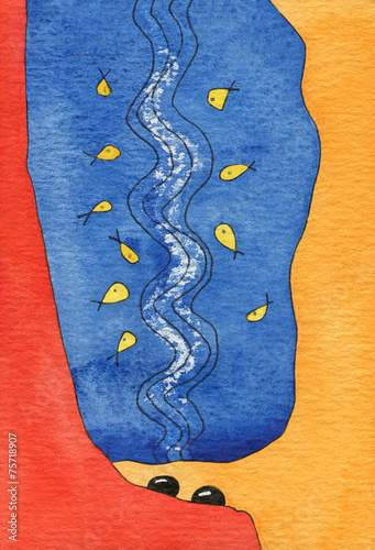 Black fisheggs and yellow fish, watercolor painting. photo