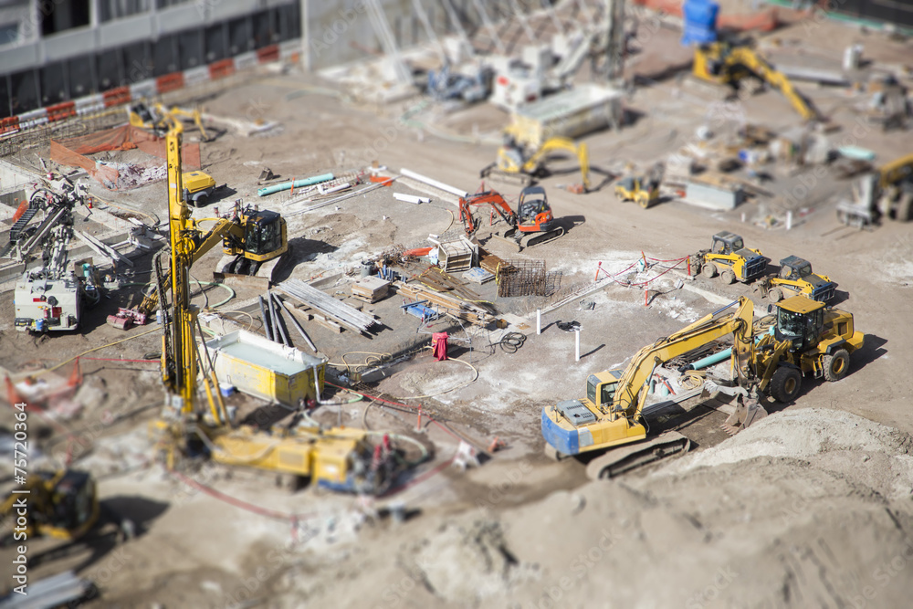 Aerial View of Construction Site with Extreme Bokeh. - obrazy, fototapety, plakaty 