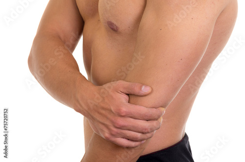 muscular shirtless man with elbow pain