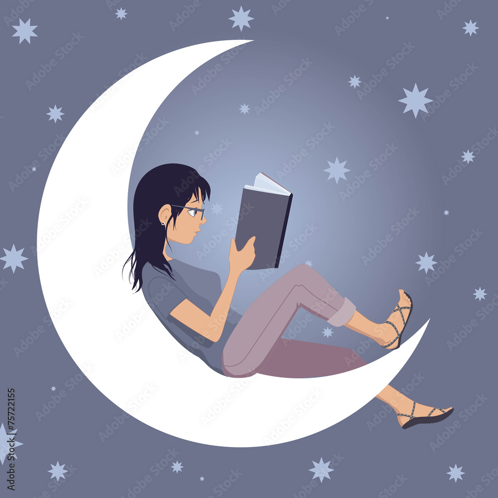 Naklejka premium Woman reading a book, sitting on the Moon