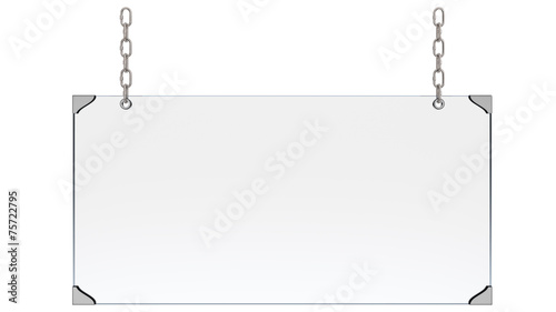 Transparent hanging glass sign isolated on white background.