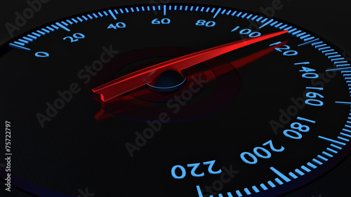 Modern carbon fiber speedometer with red and blue glow.