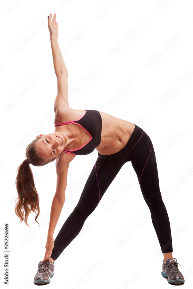 Young beautiful fitness girl doing streching exercise. isolated Young beautiful fitness girl doing streching exercise. isolated
