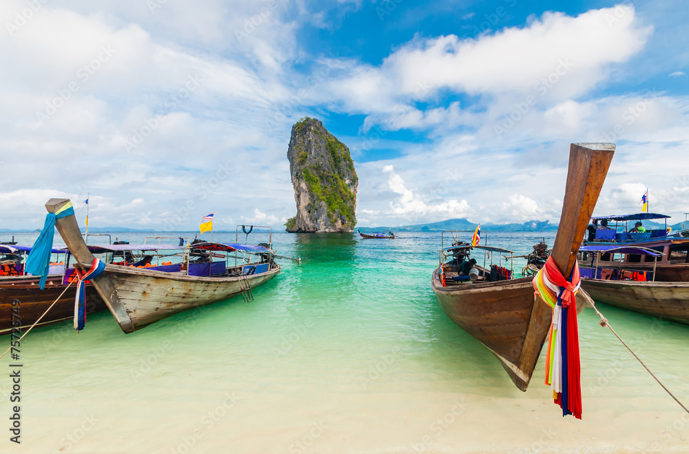 Fishing thai boats and landmark at Po-da island, Krabi ,Thailand