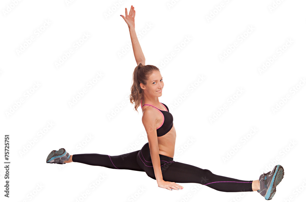 Young beautiful fitness girl doing streching exercise. isolated Young beautiful fitness girl doing streching exercise. isolated