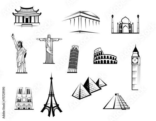 Black and white worldwide landmarks set