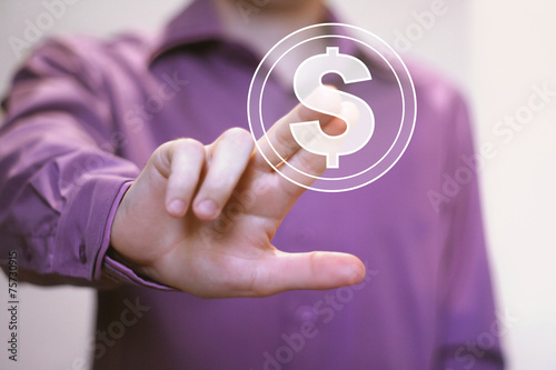 Businessman pushing virtual button icon with dollar sign