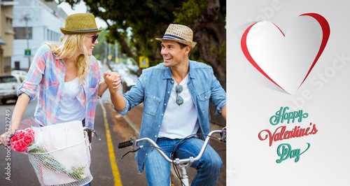 Composite image of hip young couple going for a bike ride