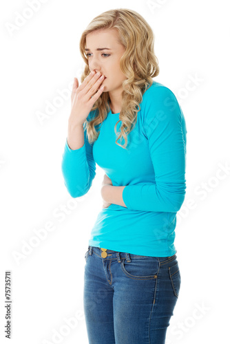 Sick woman about to throw up