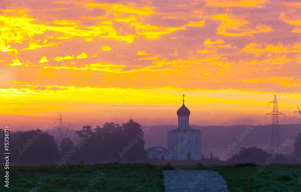 dawn over Church of  Intercession of  Holy Virgin on Nerl River