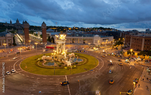 Photography Espanya Square in Barcelona at night, top view
