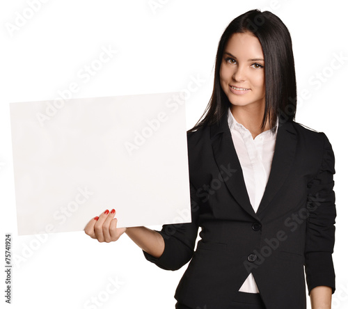 Business woman holding in hand a blank sheet of white cardboard