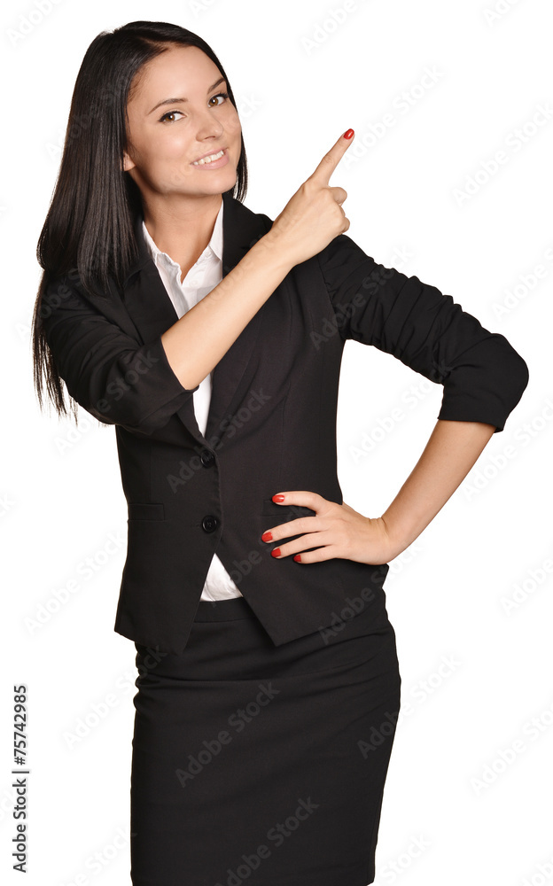 Business woman shows forefinger up. white background. Business woman shows forefinger up. white background.