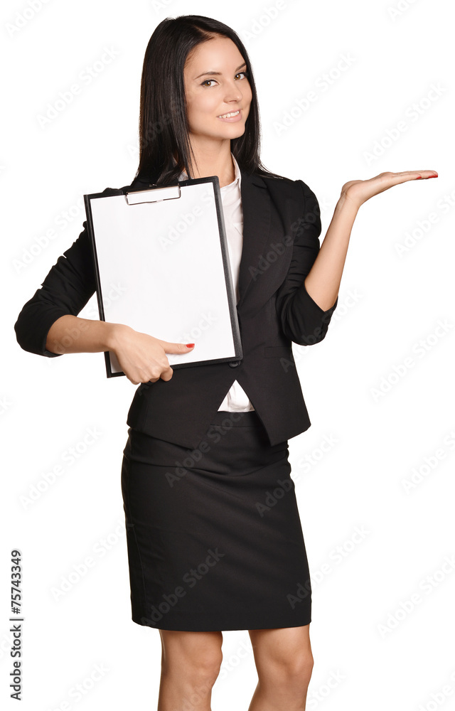 Business woman holding a clipboard in hand and the other put
