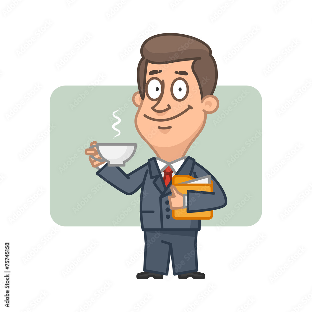 Character businessman holding cup of coffee