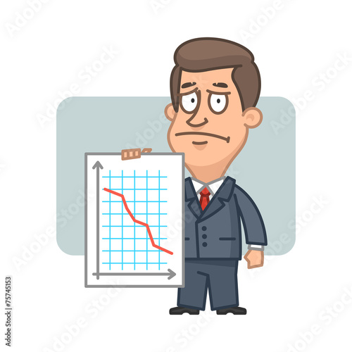 Character businessman holding graph collapse