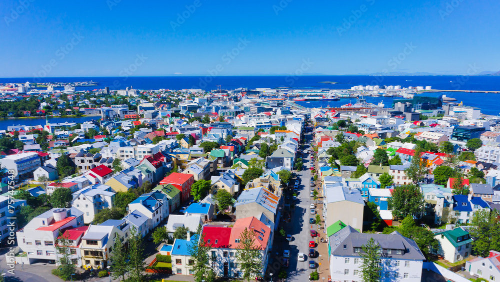 Fototapeta premium Beautiful super wide-angle aerial view of Reykjavik, Iceland