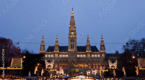 The Vienna City Hall  Rathaus  with Christmas Market