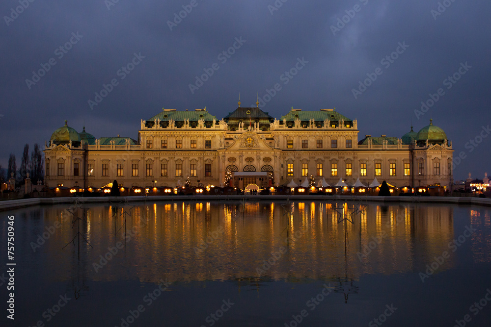 Schloss Belvedere at night in Vienna, Austria.