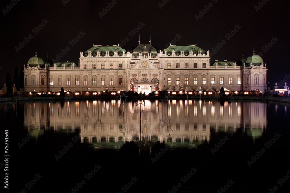 Schloss Belvedere at night in Vienna, Austria.