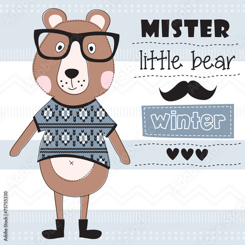 mister little teddy bear with pullover vector illustration