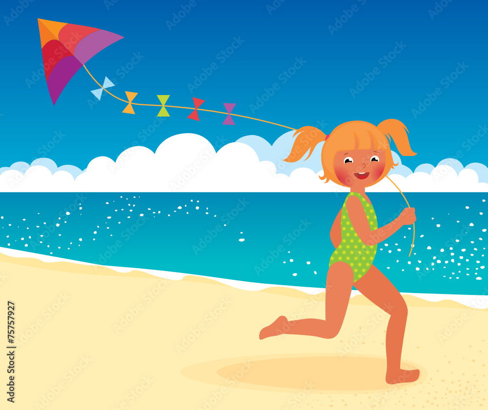 Girl with a kite on the beach running