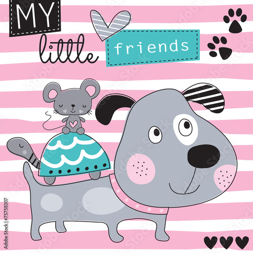 dog with mouse and turtle friends vector illustration