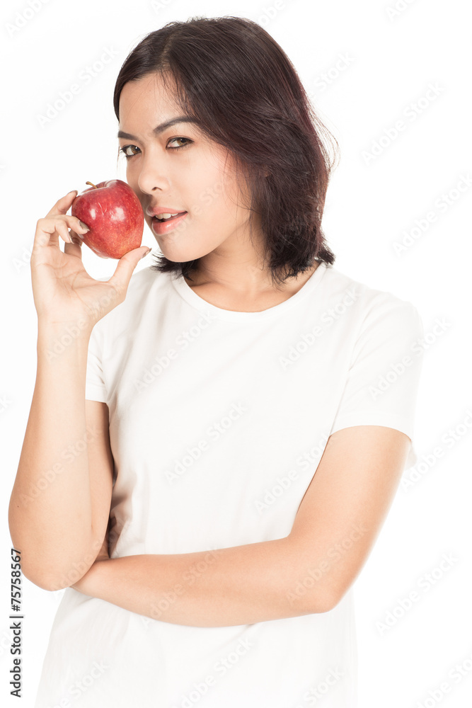 Smiling woman with apple isolated on white Smiling woman with apple isolated on white