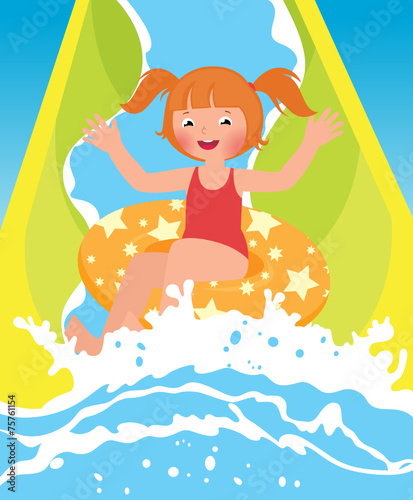 Children girl playing in water park in summer