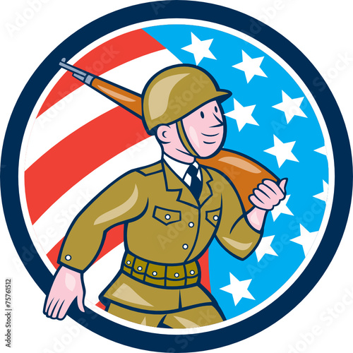World War Two Soldier American Marching Cartoon Circle