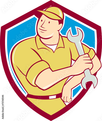 Mechanic Hold Spanner Wrench Shield Cartoon