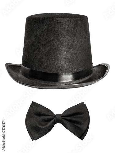 black felt hat and bow tie isolated on white background. front v