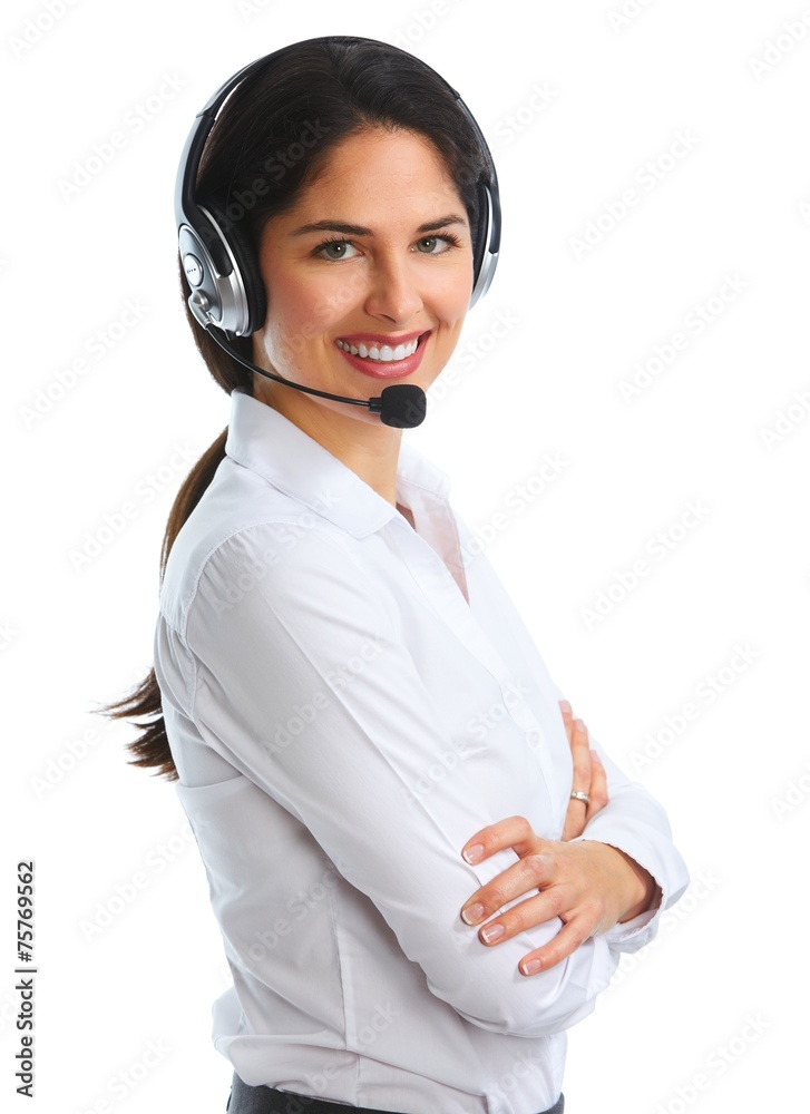 Woman with headsets isolated white background Woman with headsets isolated white background