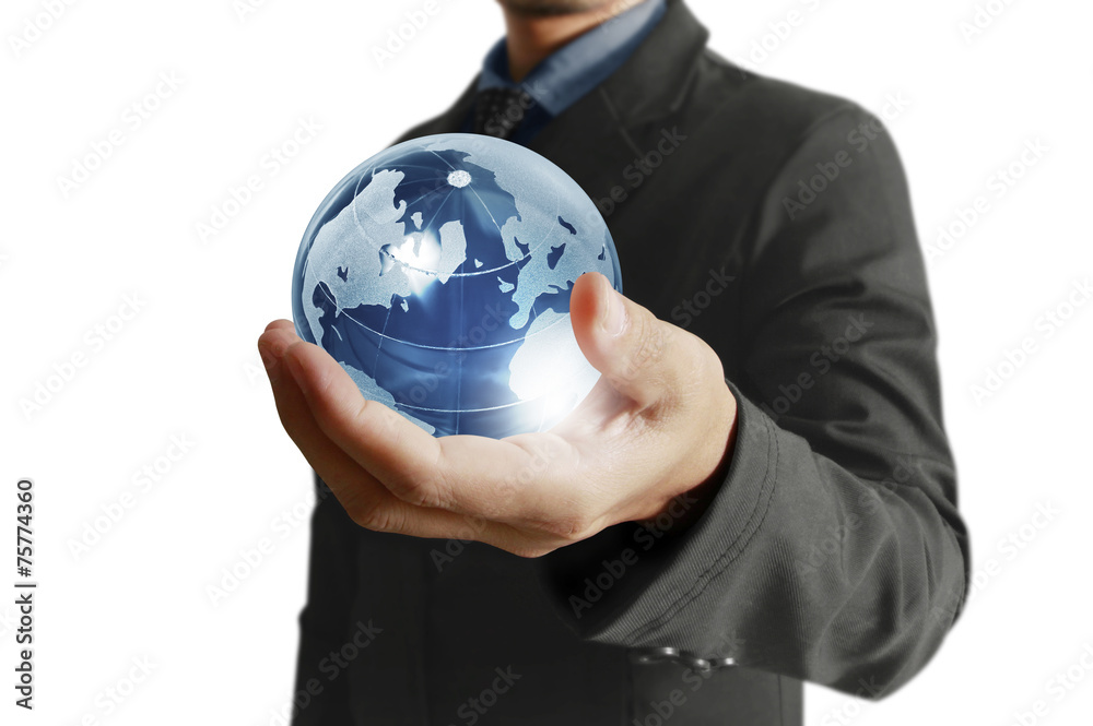 holding a glowing earth globe in his hands. Earth image provided