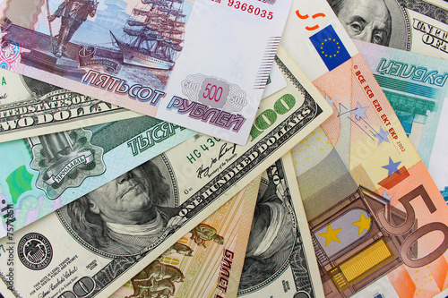 Money from different countries: dollars, euros, hryvnia, rubles