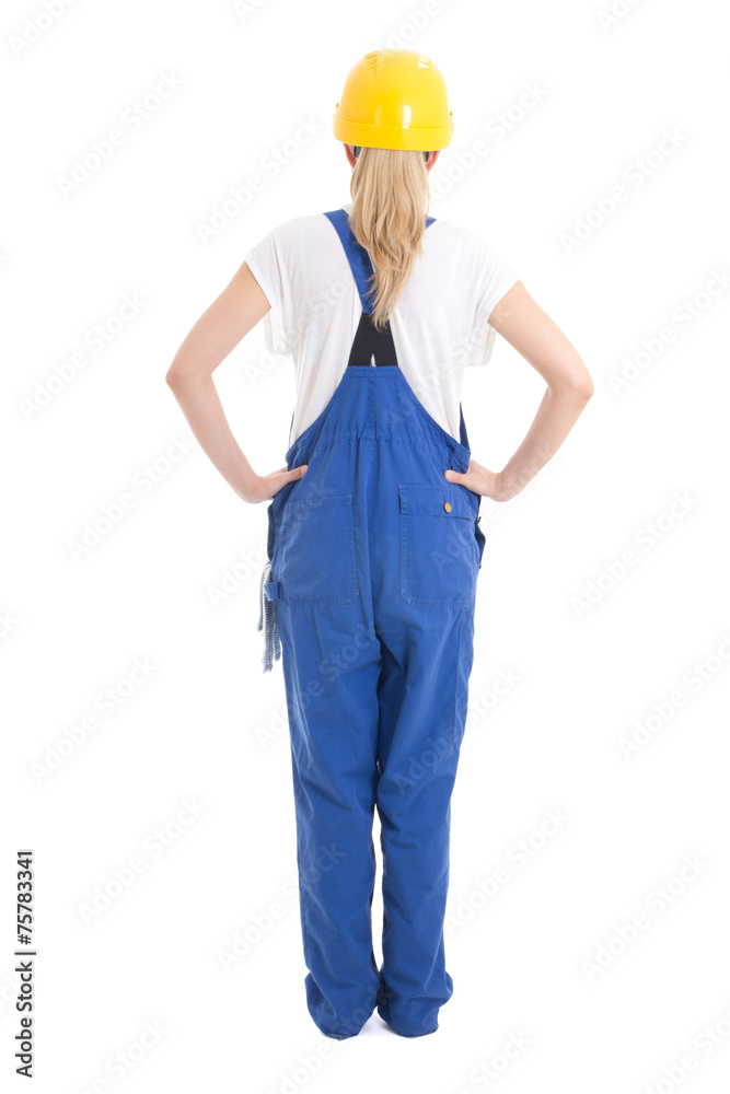 back view of woman in builder uniform isolated on white back view of woman in builder uniform isolated on white