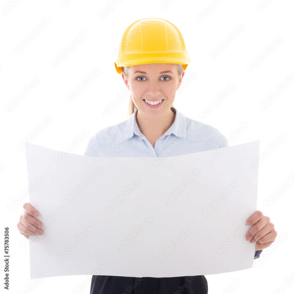 happy business woman architect in yellow builder helmet holding happy business woman architect in yellow builder helmet holding