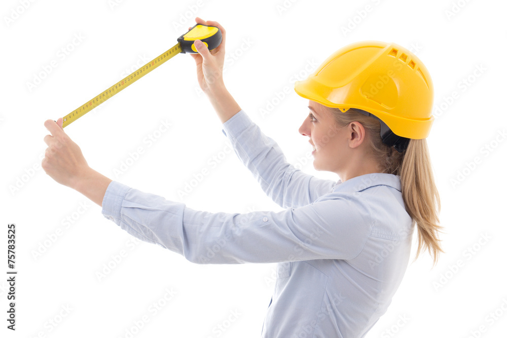 business woman in builder helmet with measure tape isolated on w business woman in builder helmet with measure tape isolated on w