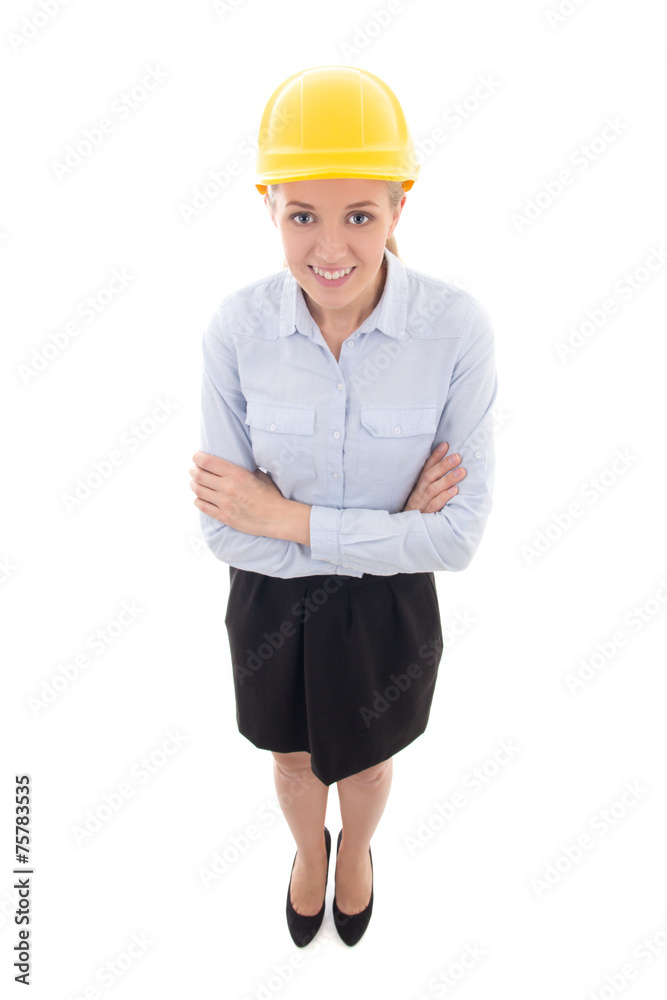 funny portrait of business woman in builder helmet isolated on w funny portrait of business woman in builder helmet isolated on w
