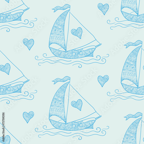Seamless pattern with Love Ship and Hearts