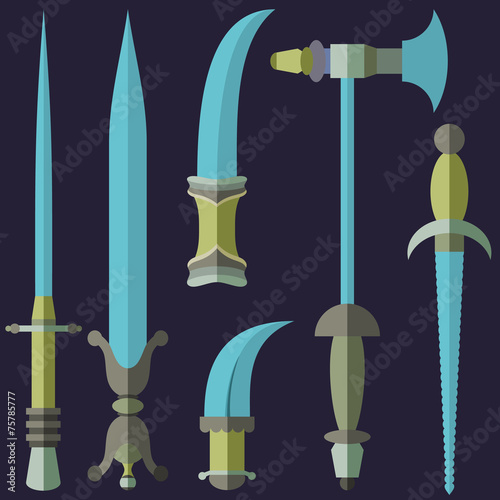 Set of swords, broadsword, saber, knifes